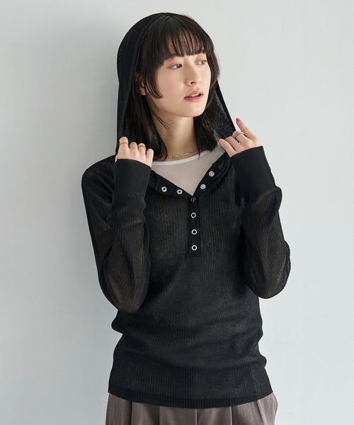 meilmada(メイルマダ)の「フード付きシアーリブニット(ニット/セーター・レディース・ブラック/グレー/オフホワイト・FREE)」の14枚目の写真