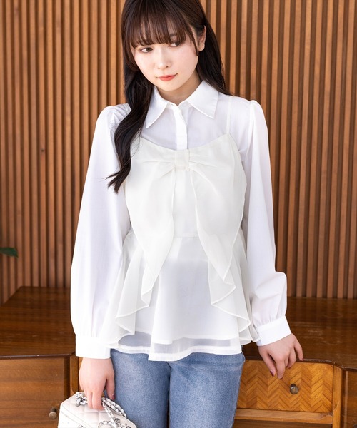 clear（クリア）の「チュールビッグリボンデザインビスチェ[バレエコア ガーリー レイヤード]≪新作≫（キャミソール・レディース・ベージュ/ブラック/ピンク/グレー/アイボリー/ラベンダー/ミント・F）」の2枚目の写真