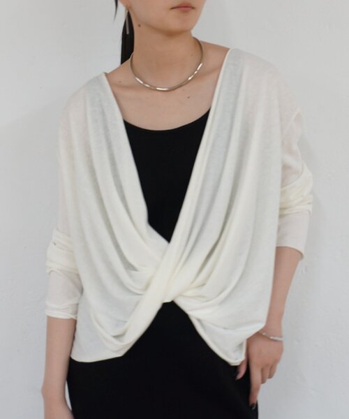 LOUNGEDRESS(ラウンジドレス)の「《前後2way/夏も快適》2wayカシュクールシアープルオーバー(Tシャツ/カットソー・レディース・オフホワイト/ブラック・FREE)」の1枚目の写真