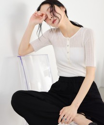 リブ編みラメヘンリー半袖プルオーバー