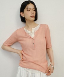リブ編みラメヘンリー半袖プルオーバー