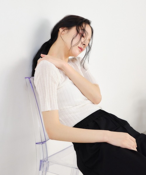 Shelly island(シェリーアイランド)の「リブ編みラメヘンリー半袖プルオーバー(ニット/セーター・レディース・ピンク/ホワイト/ブルー/ブラック・FREE)」の6枚目の写真
