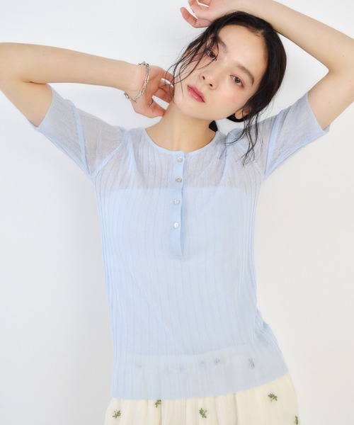 Shelly island(シェリーアイランド)の「リブ編みラメヘンリー半袖プルオーバー(ニット/セーター・レディース・ピンク/ホワイト/ブルー/ブラック・FREE)」の21枚目の写真