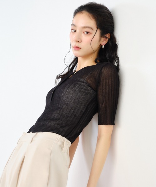 Shelly island(シェリーアイランド)の「リブ編みラメヘンリー半袖プルオーバー(ニット/セーター・レディース・ピンク/ホワイト/ブルー/ブラック・FREE)」の22枚目の写真