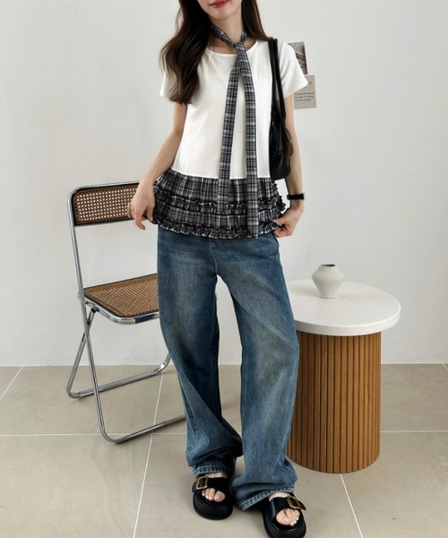 Ada.(エイダ)の「タイ付き チェック柄 レイヤード風 フリル Tシャツ(Tシャツ/カットソー・レディース・ブラック/アイボリー・FREE)」の5枚目の写真