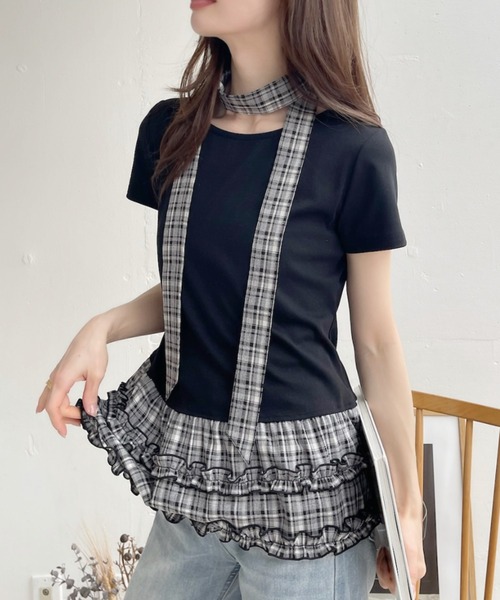 Ada.(エイダ)の「タイ付き チェック柄 レイヤード風 フリル Tシャツ(Tシャツ/カットソー・レディース・ブラック/アイボリー・FREE)」の10枚目の写真