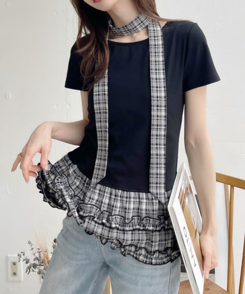 Ada.(エイダ)の「タイ付き チェック柄 レイヤード風 フリル Tシャツ(Tシャツ/カットソー・レディース・ブラック/アイボリー・FREE)」の14枚目の写真