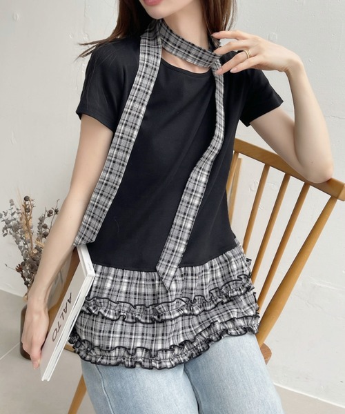 Ada.(エイダ)の「タイ付き チェック柄 レイヤード風 フリル Tシャツ(Tシャツ/カットソー・レディース・ブラック/アイボリー・FREE)」の13枚目の写真