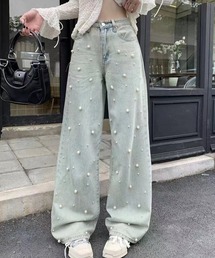 ハイウエスト パール付き ワイド デニム パンツ