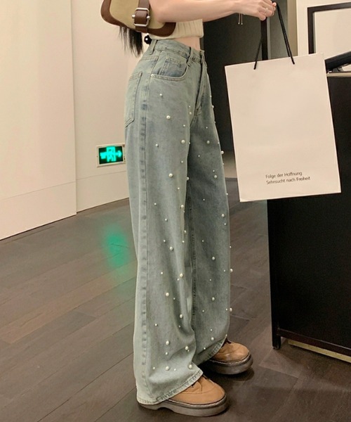 Lace Ladies(レースレディース)の「ハイウエスト パール付き ワイド デニム パンツ(デニムパンツ・レディース・ブルー・S/M/L/XL)」の3枚目の写真