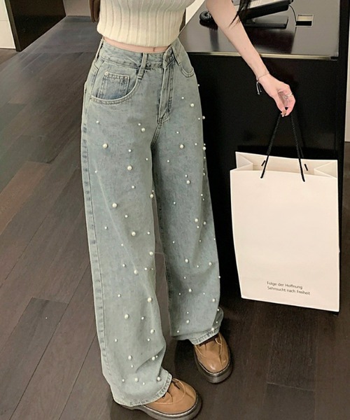 Lace Ladies(レースレディース)の「ハイウエスト パール付き ワイド デニム パンツ(デニムパンツ・レディース・ブルー・S/M/L/XL)」の4枚目の写真