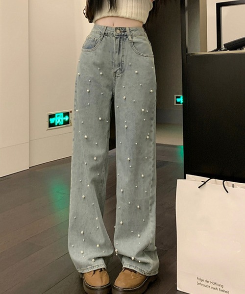 Lace Ladies(レースレディース)の「ハイウエスト パール付き ワイド デニム パンツ(デニムパンツ・レディース・ブルー・S/M/L/XL)」の5枚目の写真