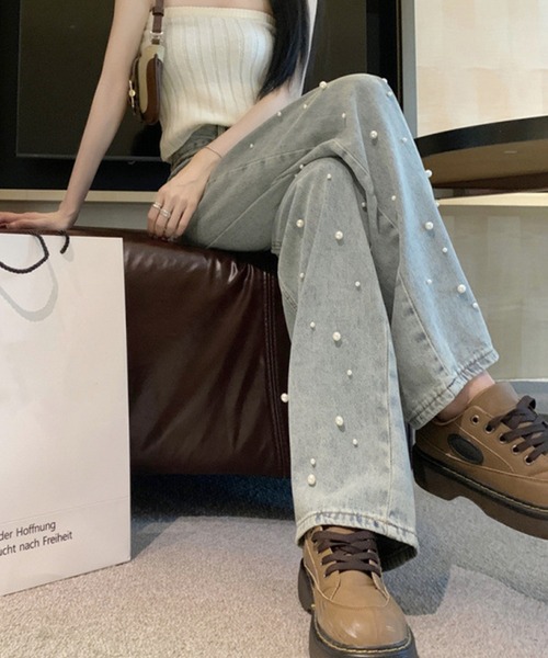 Lace Ladies(レースレディース)の「ハイウエスト パール付き ワイド デニム パンツ(デニムパンツ・レディース・ブルー・S/M/L/XL)」の6枚目の写真