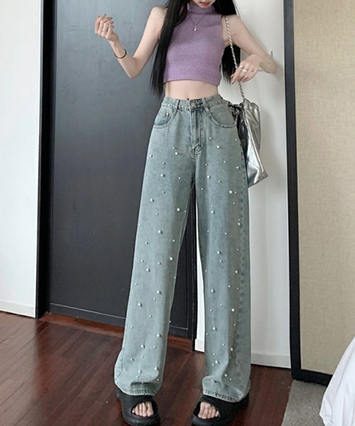 Lace Ladies(レースレディース)の「ハイウエスト パール付き ワイド デニム パンツ(デニムパンツ・レディース・ブルー・S/M/L/XL)」の7枚目の写真