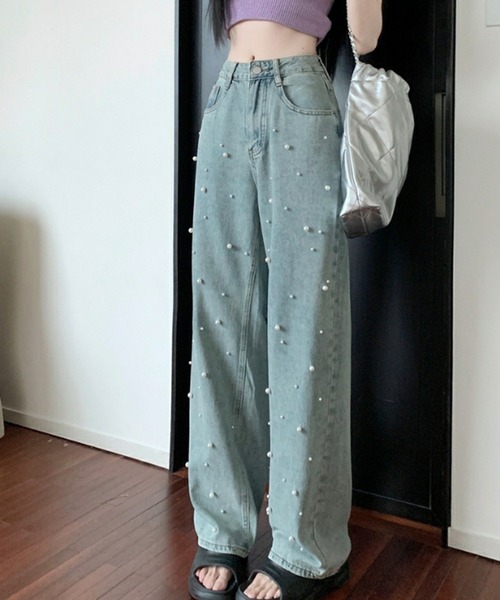 Lace Ladies(レースレディース)の「ハイウエスト パール付き ワイド デニム パンツ(デニムパンツ・レディース・ブルー・S/M/L/XL)」の8枚目の写真