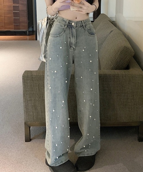 Lace Ladies(レースレディース)の「ハイウエスト パール付き ワイド デニム パンツ(デニムパンツ・レディース・ブルー・S/M/L/XL)」の9枚目の写真
