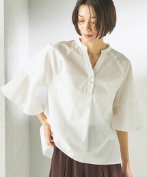 〈手洗い可能〉シアー ボーダー フレア スリーブ 半袖 ブラウス