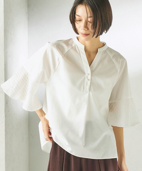 〈手洗い可能〉シアー ボーダー フレア スリーブ 半袖 ブラウス