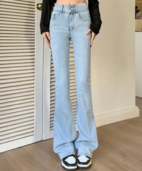 Teem Store(チームストア)の「ストレッチダブルボタンフレアデニムパンツ(デニムパンツ・レディース・ブルー/チャコール/サックスブルー/ブラック・M/S)」の3枚目の写真