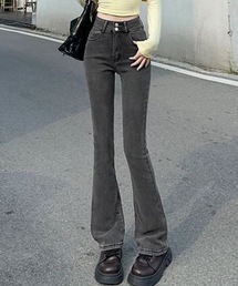 ストレッチダブルボタンフレアデニムパンツ