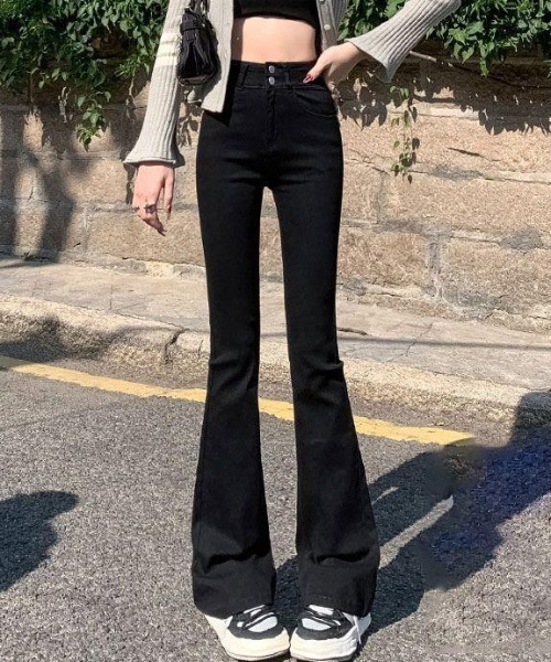 Teem Store(チームストア)の「ストレッチダブルボタンフレアデニムパンツ(デニムパンツ・レディース・ブルー/チャコール/サックスブルー/ブラック・M/S)」の2枚目の写真