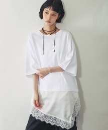 裾サテンレース ドッキング オーバーTシャツ チュニック