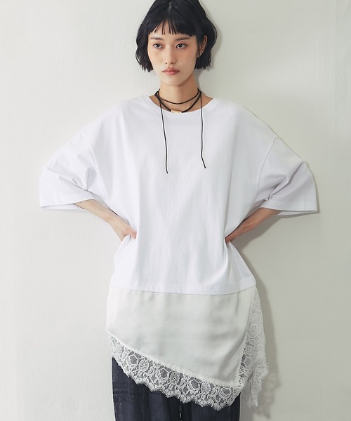 ANOTHER S(アナザーエス)の「裾サテンレース ドッキング オーバーTシャツ チュニック(Tシャツ/カットソー・レディース・ブラック/ホワイト・FREE)」の14枚目の写真