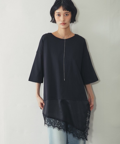 ANOTHER S(アナザーエス)の「裾サテンレース ドッキング オーバーTシャツ チュニック(Tシャツ/カットソー・レディース・ブラック/ホワイト・FREE)」の17枚目の写真