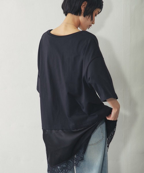 裾サテンレース ドッキング オーバーTシャツ チュニック（Tシャツ