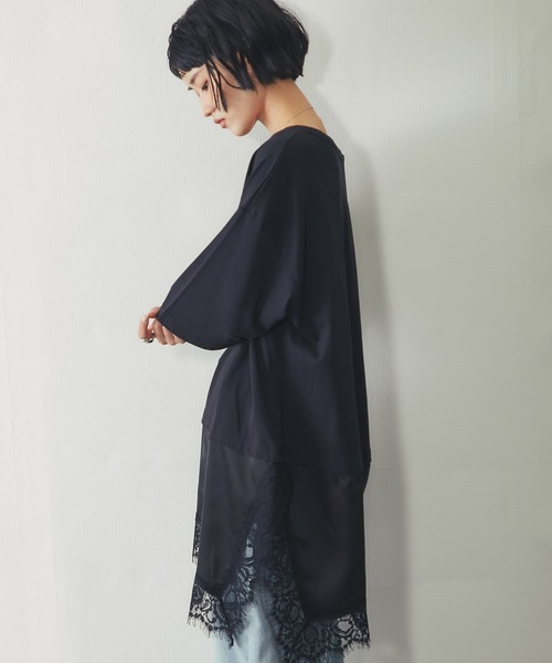 裾サテンレース ドッキング オーバーTシャツ チュニック（Tシャツ