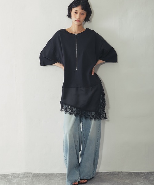 ANOTHER S(アナザーエス)の「裾サテンレース ドッキング オーバーTシャツ チュニック(Tシャツ/カットソー・レディース・ブラック/ホワイト・FREE)」の22枚目の写真