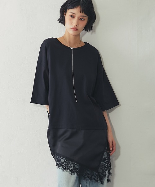 裾サテンレース ドッキング オーバーTシャツ チュニック（Tシャツ