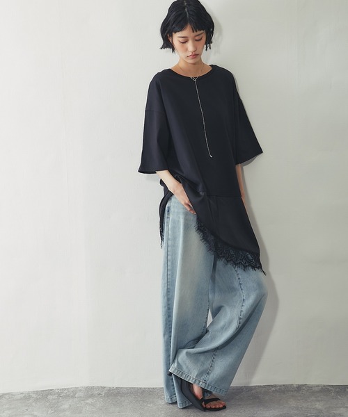 ANOTHER S(アナザーエス)の「裾サテンレース ドッキング オーバーTシャツ チュニック(Tシャツ/カットソー・レディース・ブラック/ホワイト・FREE)」の19枚目の写真