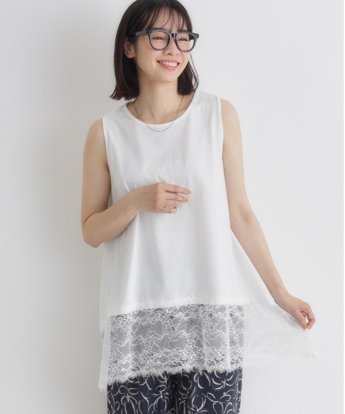 Right-on（ライトオン）の「【HONEYSUCKLE ROSE】レース切替ノースリーブTシャツ（タンクトップ・レディース・ホワイト/ブラック・L）」の4枚目の写真