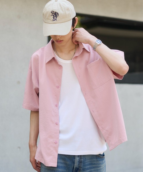 WEGO(ウィゴー)の「WEGO/クロップドSS無地シャツ(シャツ/ブラウス・メンズ・サックスブルー/ホワイト/ピンク・LARGE/MEDIUM)」の3枚目の写真