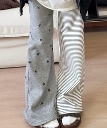 個性パッチワークストライプ星柄ワイドパンツ