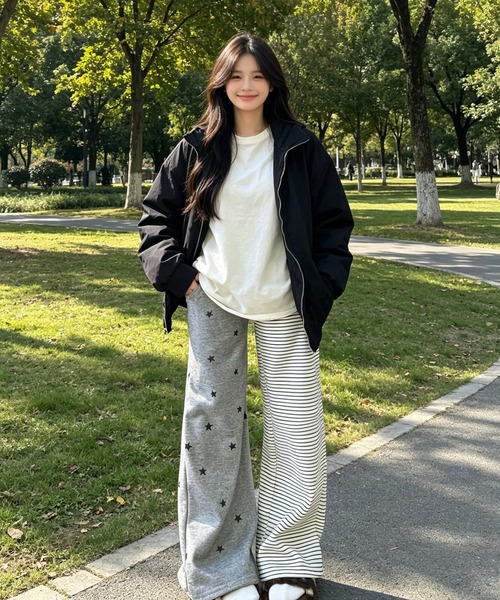 AsheKsha（アシクシャ）の「個性パッチワークストライプ星柄ワイドパンツ（その他パンツ・レディース・グレー・F）」の5枚目の写真