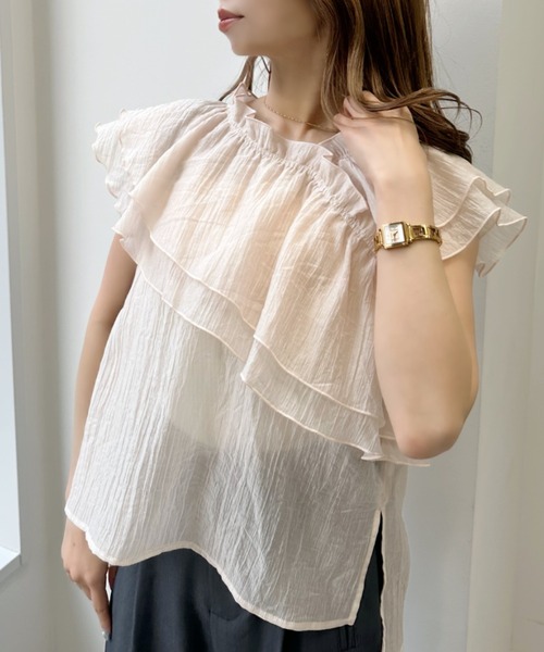 umune(ウムネ)の「ティアードブラウス アシメネック フリル ギャザー ノースリーブ シアー シースルー 透け感 ゆったり 体型カバー 春夏 韓国(シャツ/ブラウス・レディース・ブラック/ピンク/オフホワイト・FREE)」の12枚目の写真