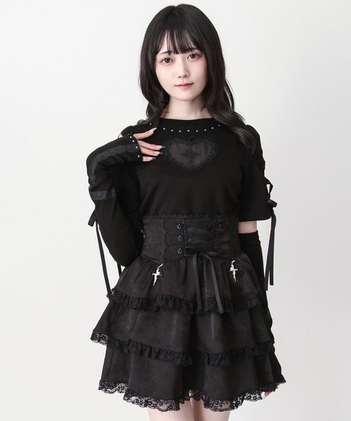 DearMyLove(ディアマイラブ)の「バラレースハート十字架刺レースアップアームカバー付きリブトップス(Tシャツ/カットソー・レディース・グレー/ボルドー/ブラック・MEDIUM/3L/LARGE)」の4枚目の写真