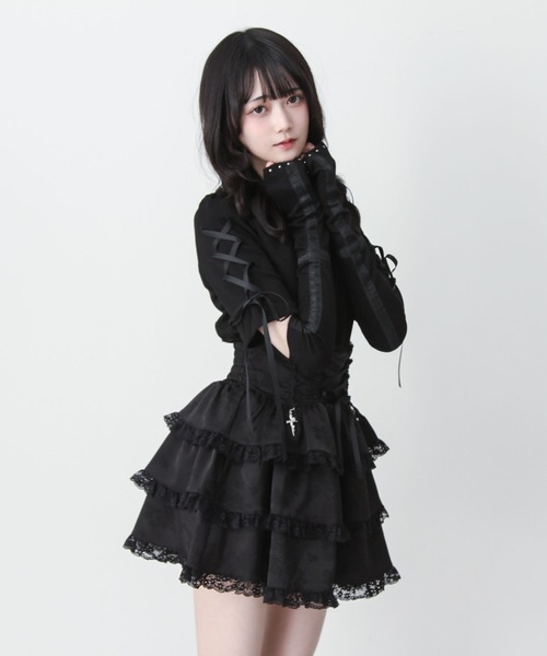 DearMyLove(ディアマイラブ)の「バラレースハート十字架刺レースアップアームカバー付きリブトップス(Tシャツ/カットソー・レディース・グレー/ボルドー/ブラック・MEDIUM/3L/LARGE)」の7枚目の写真