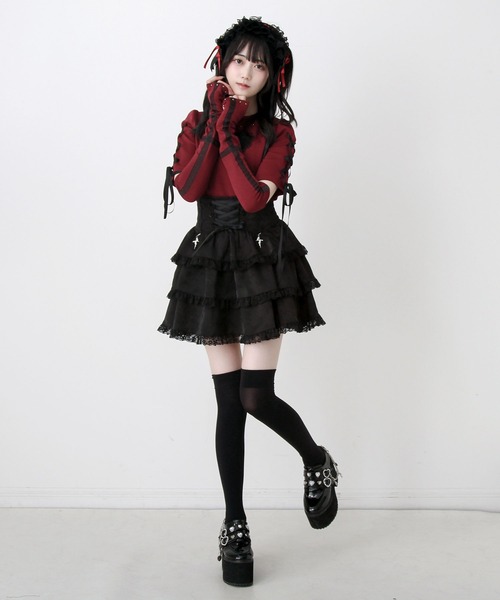 DearMyLove(ディアマイラブ)の「バラレースハート十字架刺レースアップアームカバー付きリブトップス(Tシャツ/カットソー・レディース・グレー/ボルドー/ブラック・MEDIUM/3L/LARGE)」の9枚目の写真