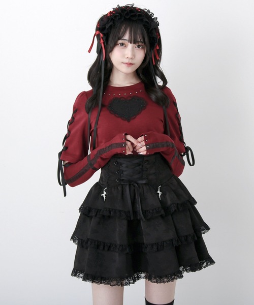 DearMyLove(ディアマイラブ)の「バラレースハート十字架刺レースアップアームカバー付きリブトップス(Tシャツ/カットソー・レディース・グレー/ボルドー/ブラック・MEDIUM/3L/LARGE)」の10枚目の写真