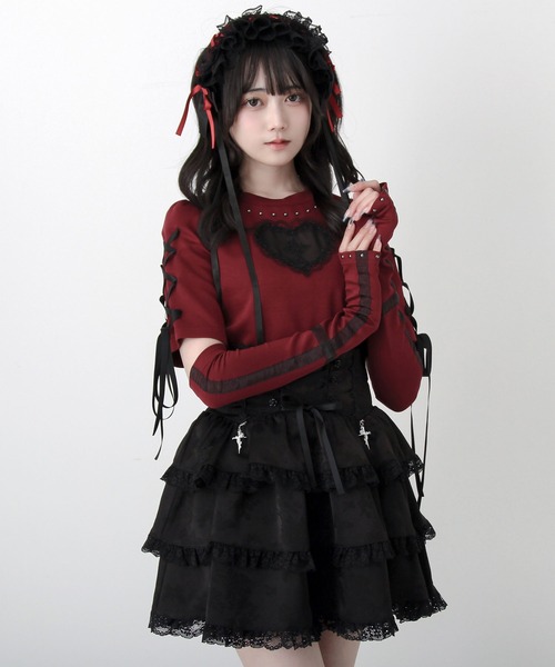 DearMyLove(ディアマイラブ)の「バラレースハート十字架刺レースアップアームカバー付きリブトップス(Tシャツ/カットソー・レディース・グレー/ボルドー/ブラック・MEDIUM/3L/LARGE)」の11枚目の写真