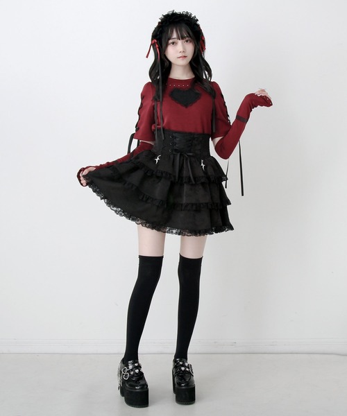 DearMyLove(ディアマイラブ)の「バラレースハート十字架刺レースアップアームカバー付きリブトップス(Tシャツ/カットソー・レディース・グレー/ボルドー/ブラック・MEDIUM/3L/LARGE)」の12枚目の写真