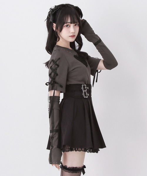 DearMyLove(ディアマイラブ)の「バラレースハート十字架刺レースアップアームカバー付きリブトップス(Tシャツ/カットソー・レディース・グレー/ボルドー/ブラック・MEDIUM/3L/LARGE)」の16枚目の写真