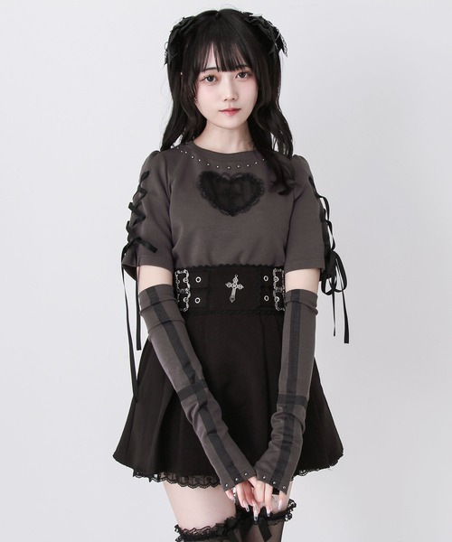 DearMyLove(ディアマイラブ)の「バラレースハート十字架刺レースアップアームカバー付きリブトップス(Tシャツ/カットソー・レディース・グレー/ボルドー/ブラック・MEDIUM/3L/LARGE)」の17枚目の写真