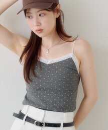 【レース&無地】カップ付きレースドットキャミ