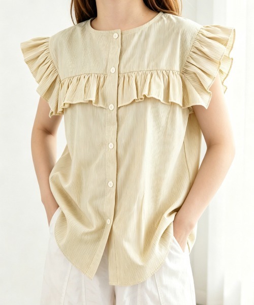 Miniministore(ミニミニストア)の「レディースフリルブラウス 半袖シャツ夏服(シャツ/ブラウス・レディース・ホワイト/ブラック/ベージュ/グレー/ブルー/グリーン・FREE)」の4枚目の写真