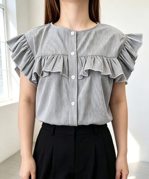 Miniministore(ミニミニストア)の「レディースフリルブラウス 半袖シャツ夏服(シャツ/ブラウス・レディース・ホワイト/ブラック/ベージュ/グレー/ブルー/グリーン・FREE)」の3枚目の写真