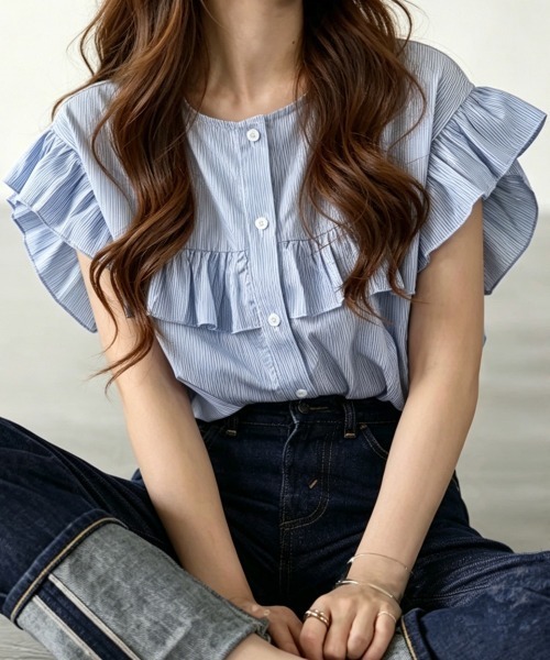 Miniministore(ミニミニストア)の「レディースフリルブラウス 半袖シャツ夏服(シャツ/ブラウス・レディース・ホワイト/ブラック/ベージュ/グレー/ブルー/グリーン・FREE)」の6枚目の写真